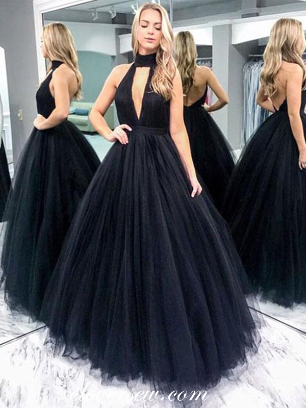 Black Tulle Halter Backless A-line Prom Dresses , CP0009 – clover sew