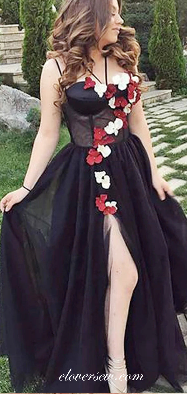 Black Tulle Red Floral Applique Spaghetti Strap Prom Dresses ,CP0215