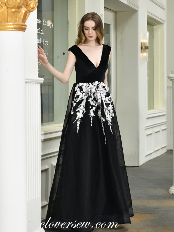 Black Velvet White Applique Tulle A-line Elegant Prom Dresses,CP0182 clover sew Black Velvet White Applique Tulle A-line Elegant Prom Dresses,CP0182 clover sew
