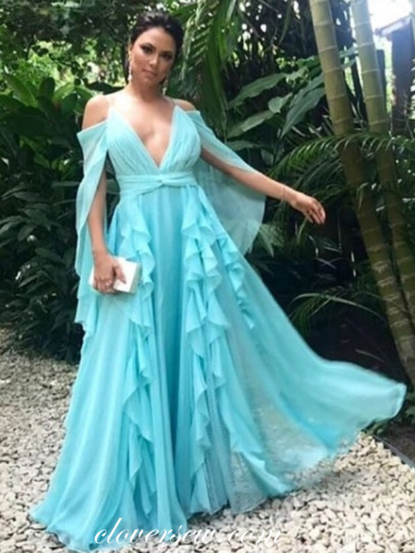 Blue Chiffon V-neck Ruffles Long Sleeves A-line Boho Dresses, CP0627 clover sew Blue Chiffon V-neck Ruffles Long Sleeves A-line Boho Dresses, CP0627 clover sew