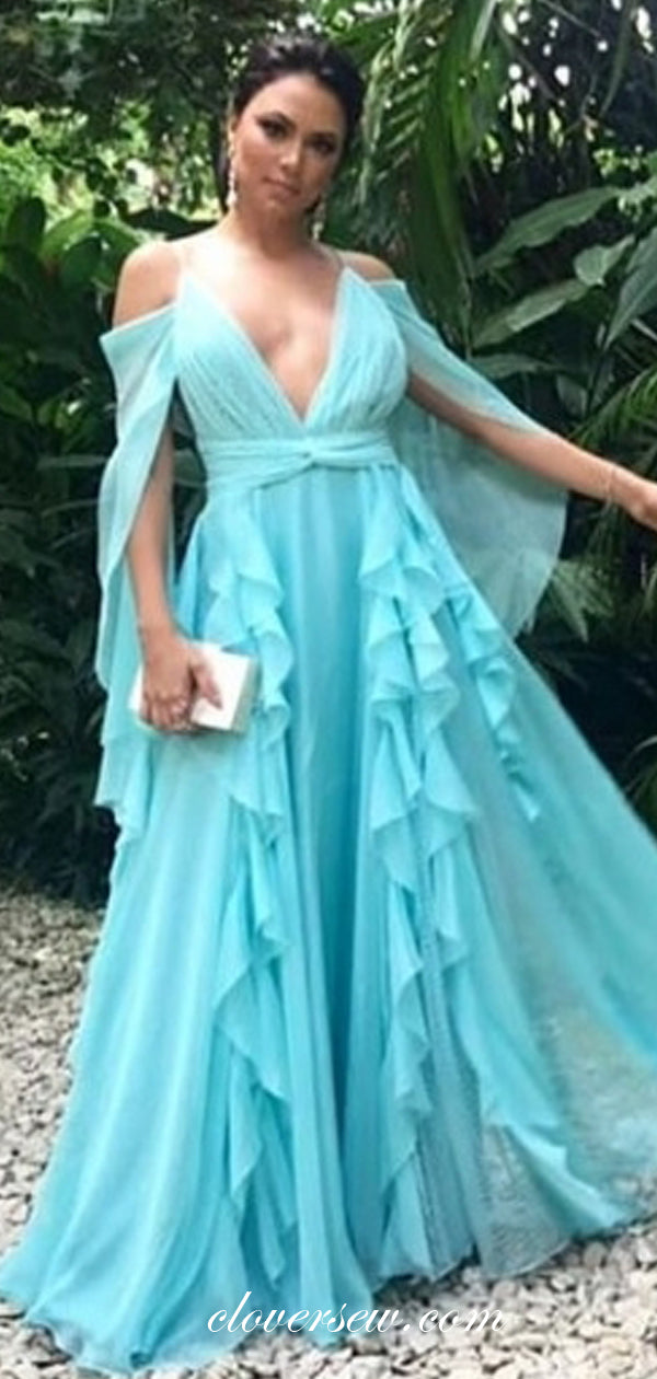 Blue Chiffon V-neck Ruffles Long Sleeves A-line Boho Dresses, CP0627