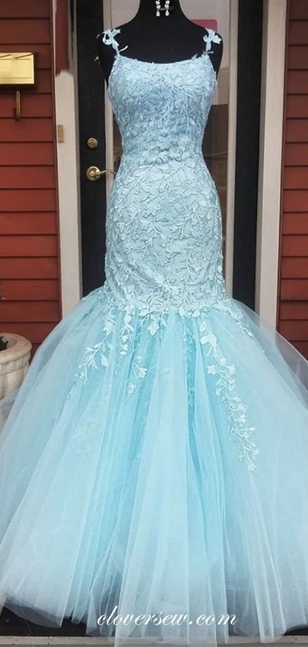 Blue Lace Applique Fashion Mermaid Prom Dresses, CP0582