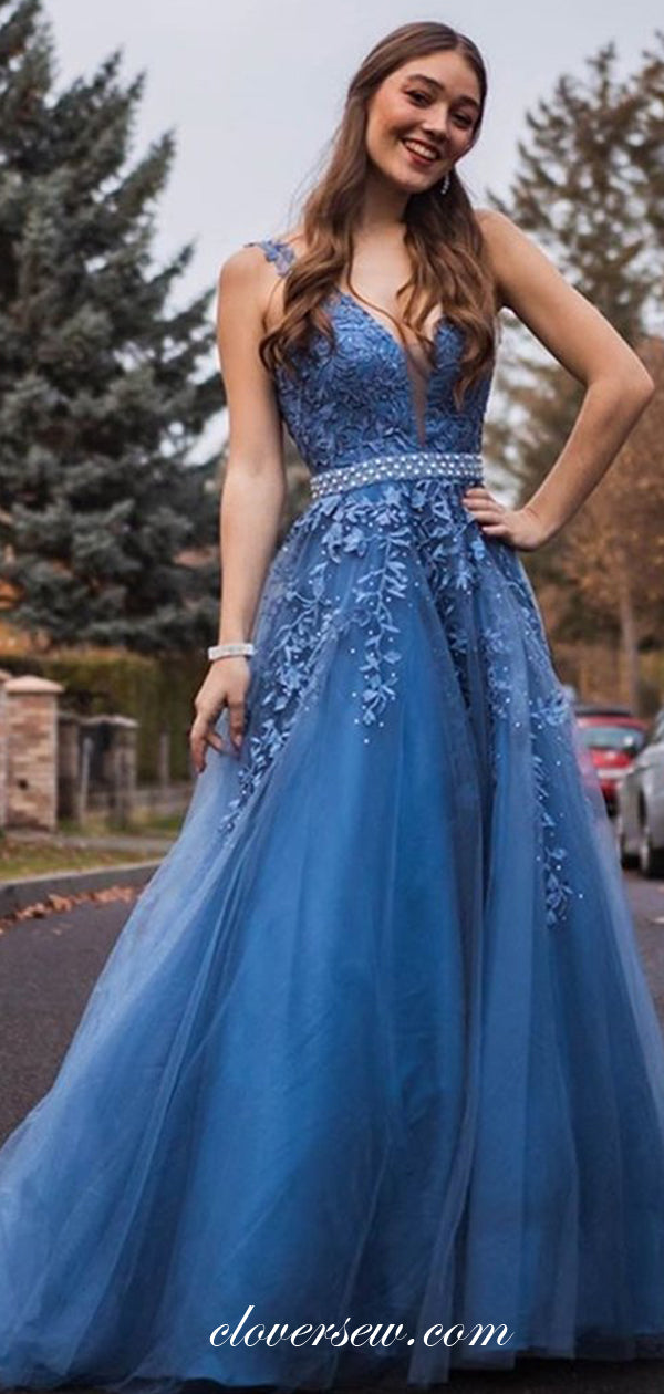 Blue Lace Applique With Belt V-neck Aleeveless A-line Prom Dresses , CP0589