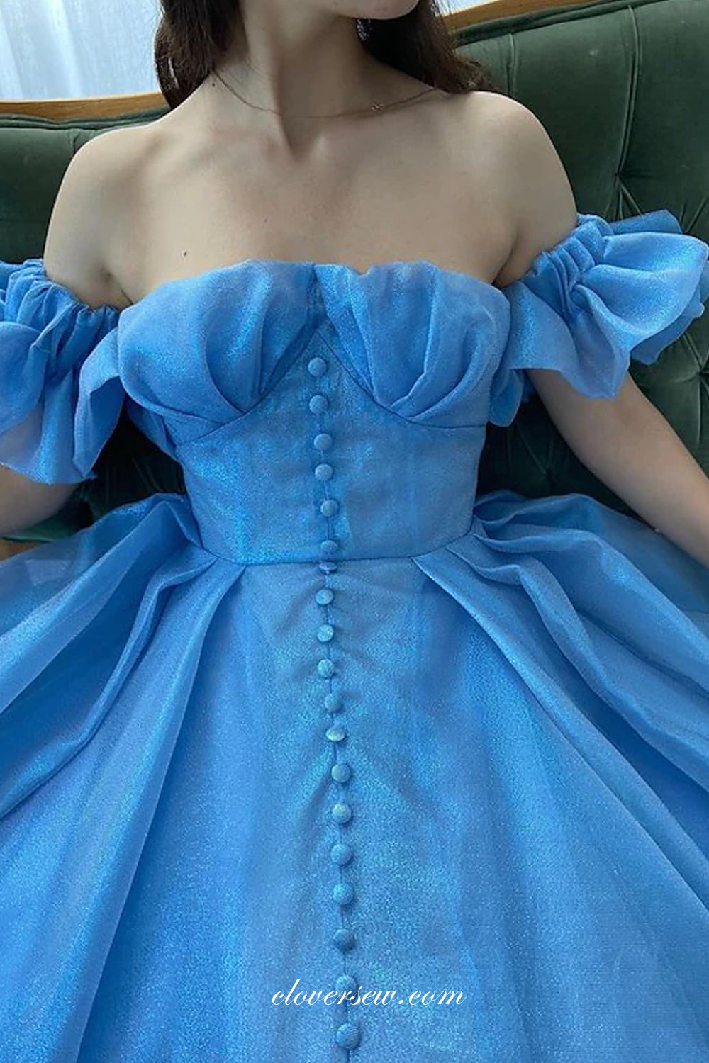 Blue Organza Off The Shoulder A-line Elegant Prom Dresses, CP0729