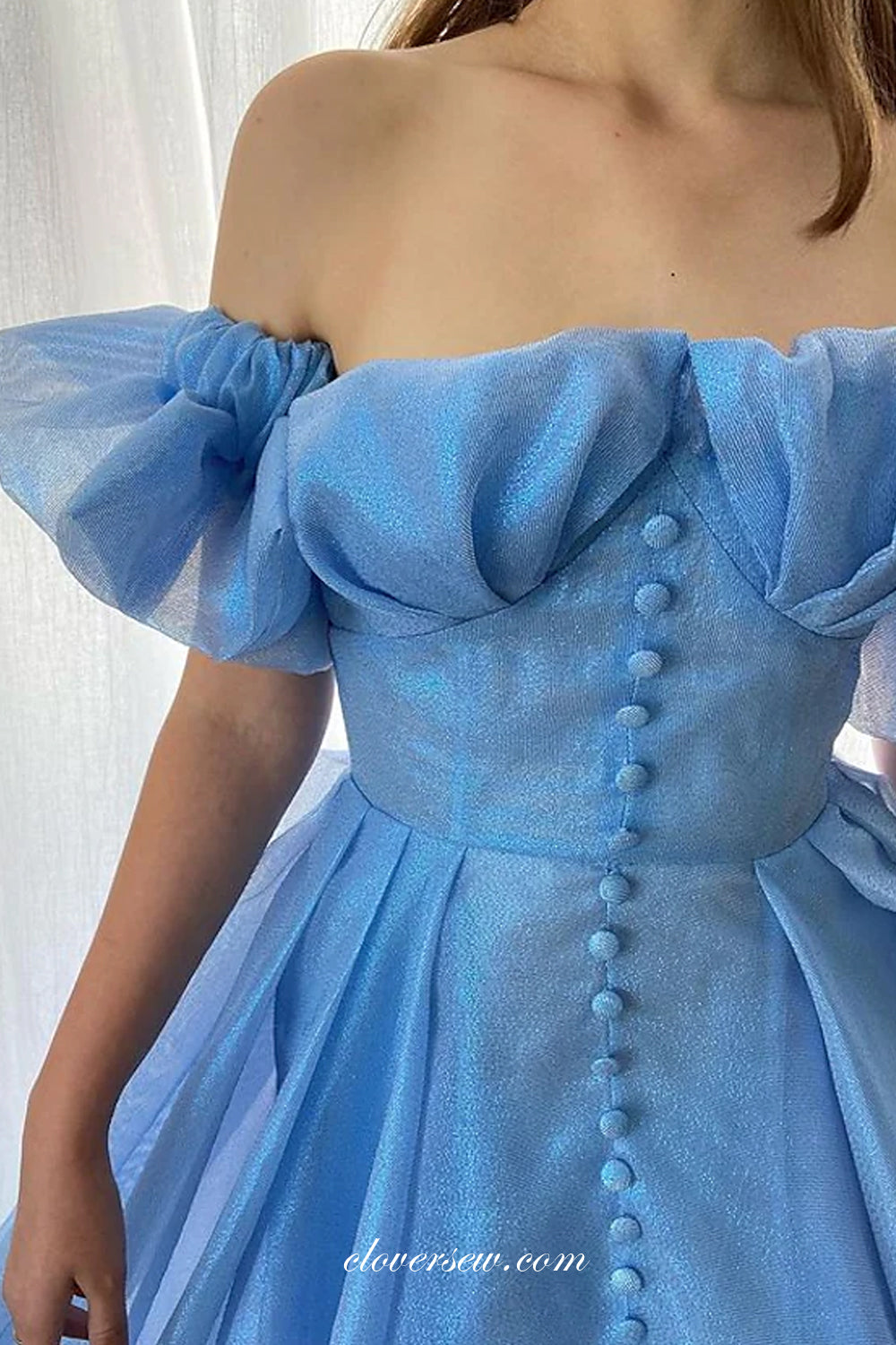 Blue Organza Off The Shoulder A-line Elegant Prom Dresses, CP0729