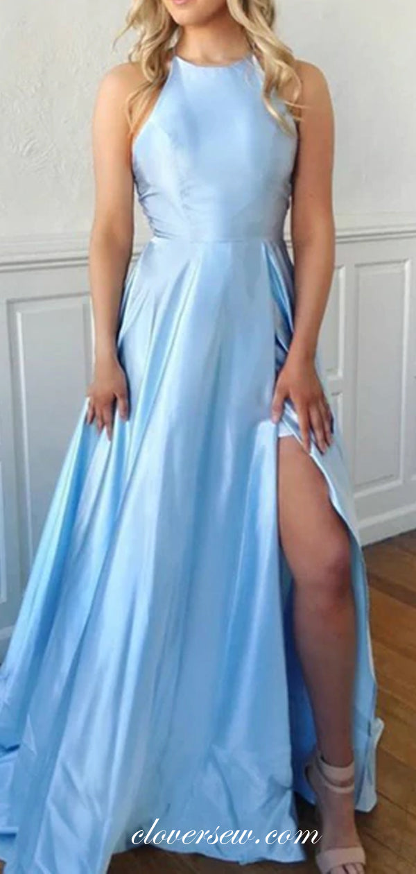Blue Satin Halter Lace Up Back A-line Side Slit Prom Dresses, CP0549