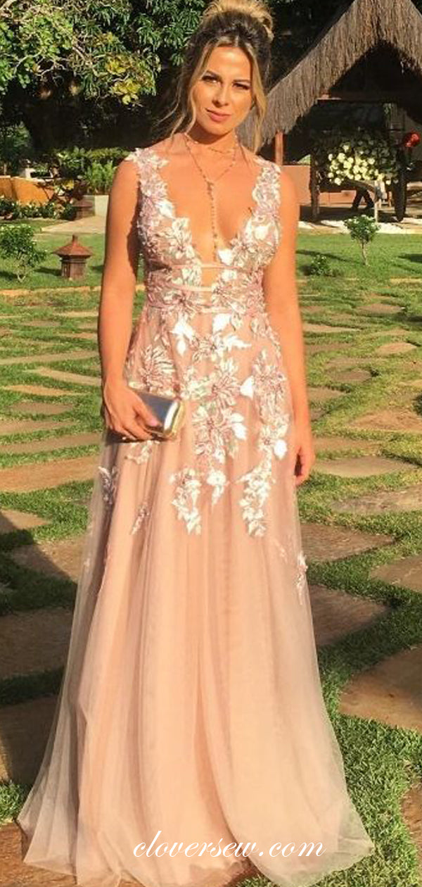 Blush Pink Applique V-neck Sleeveless A-line Prom Dresses, CP0517