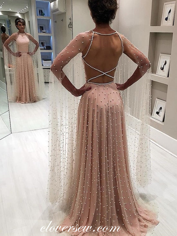 Blush Pink Beaded Tulle Long Sleeves A-line Prom Dresses,CP0248 clover sew Blush Pink Beaded Tulle Long Sleeves A-line Prom Dresses,CP0248 clover sew