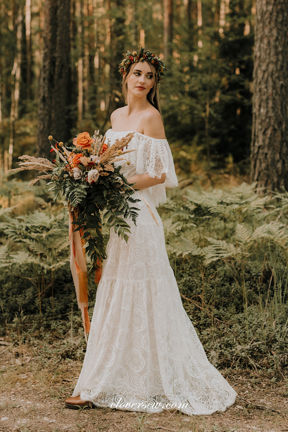 Boho Fully Lace Off The Shoulder Mermaid Charming Wedding Dresses, CW0292