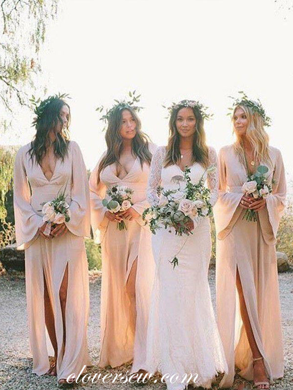 Boho Wedding Blush Pink Chiffon Long Sleeves Side Slit Bridesmaid Dresses, CB0094 Boho Wedding Blush Pink Chiffon Long Sleeves Side Slit Bridesmaid Dresses, CB0094