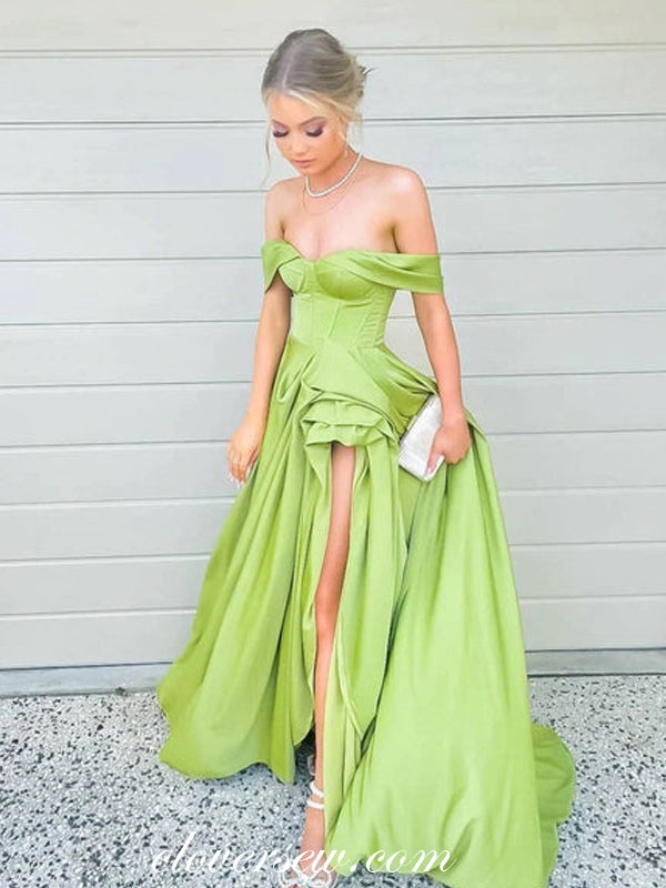 Bright Green Off The Shoulder Ruffles Slit Charming Prom Dresses,CP086