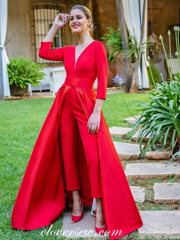Bright Red Satin Long Sleeves V-Back Jumpsuit Prom Dresses, CP0552 US6 / As Pic Bright Red Satin Long Sleeves V-Back Jumpsuit Prom Dresses, CP0552 US6 / As Pic