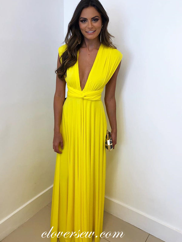 Bright Yellow Jersey V-neck A-line Bridesmaid Dresses, CB0195 clover sew Bright Yellow Jersey V-neck A-line Bridesmaid Dresses, CB0195 clover sew