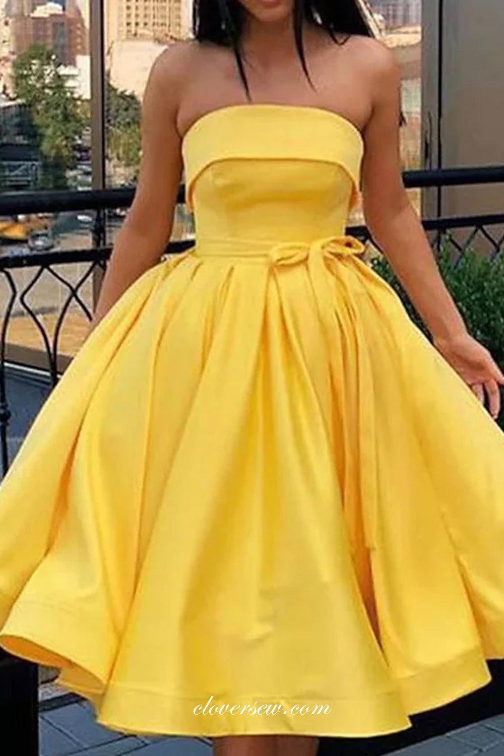 Bright Yellow Satin Strapless With Belt Charming Homecoming Dresses, CH0044