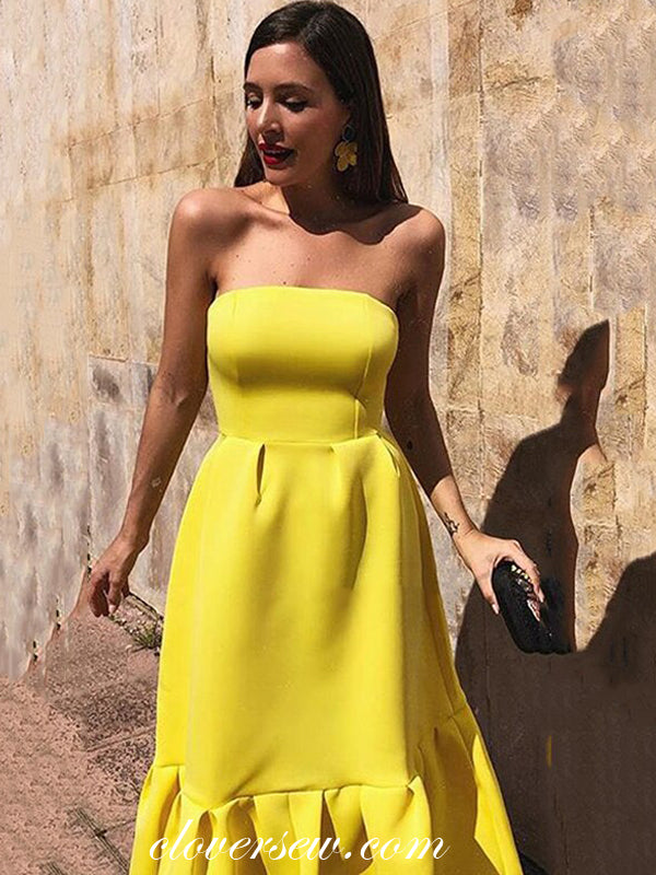 Bright Lemon Yellow Satin Strapless Ruffles Tea Length Party Dresses, clover sew Bright Lemon Yellow Satin Strapless Ruffles Tea Length Party Dresses, clover sew