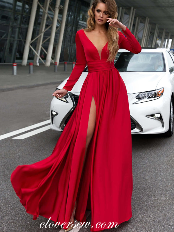Bright Red Long Sleeves V-Neck High Slit Formal Dresses , CP0034 Custom Size(leaving A note) / Custom Color(leaving A note) Bright Red Long Sleeves V-Neck High Slit Formal Dresses , CP0034 Custom Size(leaving A note) / Custom Color(leaving A note)