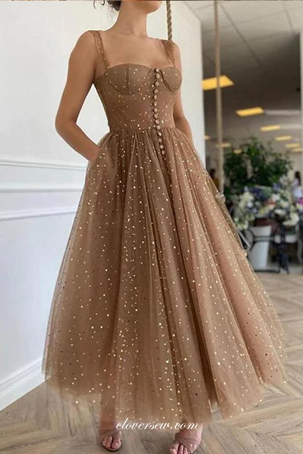 Brown Sequined Tulle Fashion A-line Ankle Length Prom Dresse, CP0725