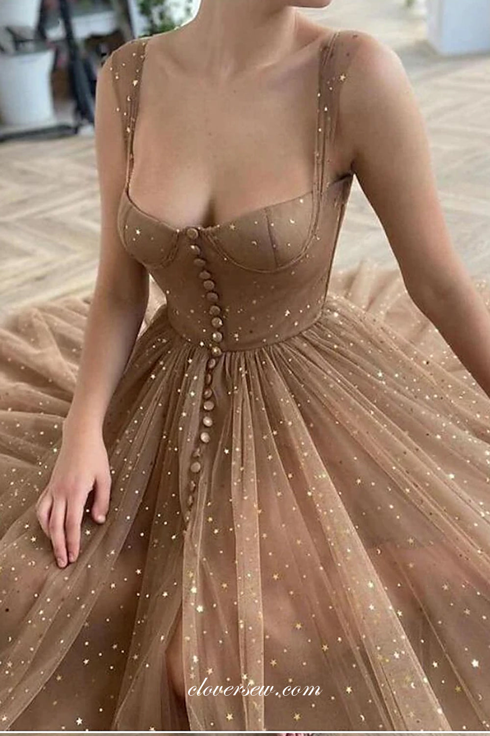 Brown Sequined Tulle Fashion A-line Ankle Length Prom Dresse, CP0725