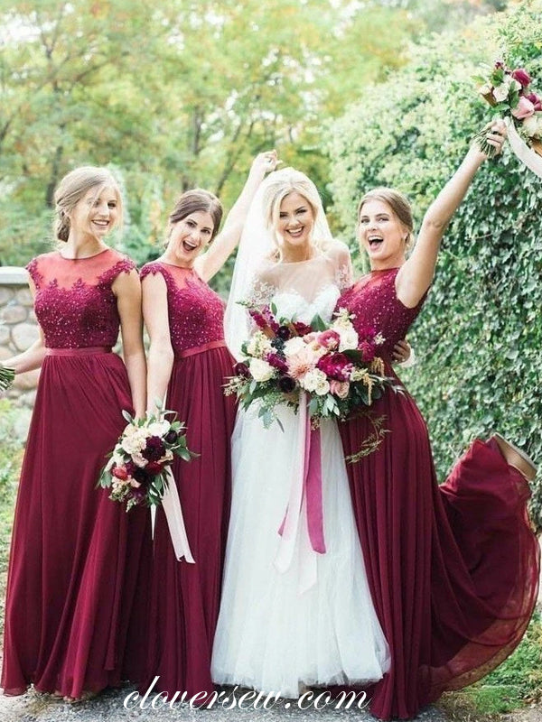 burgundy beaded bridesmaid dresses Burgundy A-line Illusion Neck Applique Chiffon Beaded Mini Bridesmaid Dress Burgundy / Custom Size