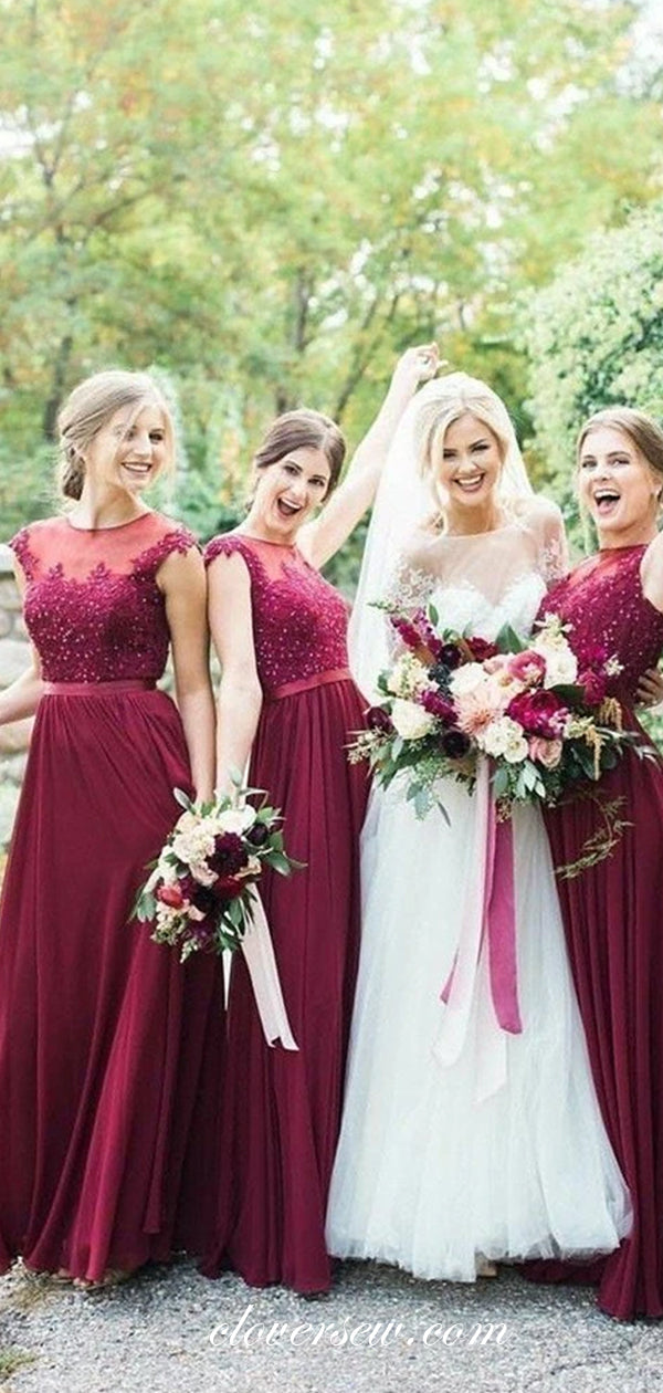 Burgundy Chiffon Bead Applique Cap Sleeves Bridesmaid Dresses, CB0217