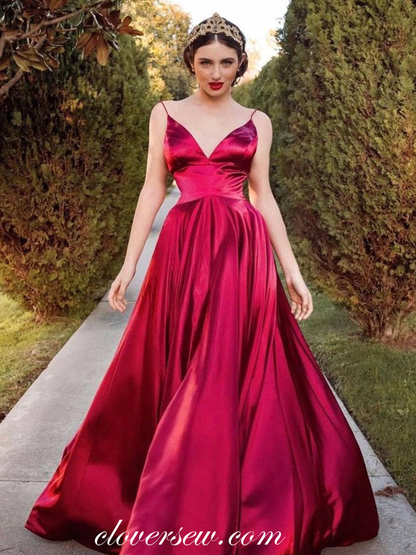 Burgundy Elastic Satin Spaghetti Strap A-line Prom Dresses, CP0584 clover sew Burgundy Elastic Satin Spaghetti Strap A-line Prom Dresses, CP0584 clover sew