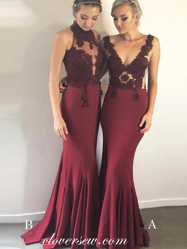 Burgundy Lace Applique Mismatched Mermaid Bridesmaid Dresses, CB0117 clover sew Burgundy Lace Applique Mismatched Mermaid Bridesmaid Dresses, CB0117 clover sew