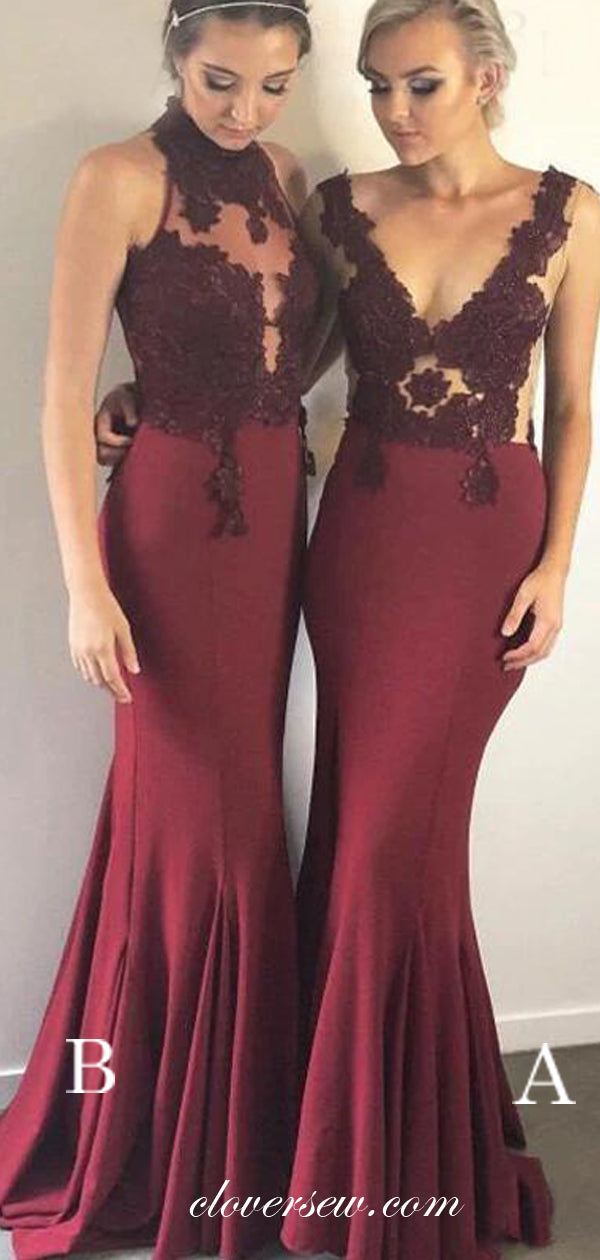 Burgundy Lace Applique Mismatched Mermaid Bridesmaid Dresses, CB0117