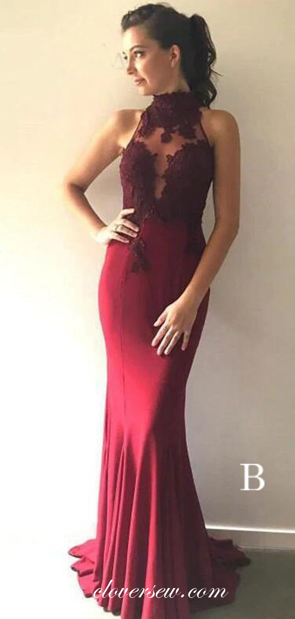 Burgundy Lace Applique Mismatched Mermaid Bridesmaid Dresses, CB0117