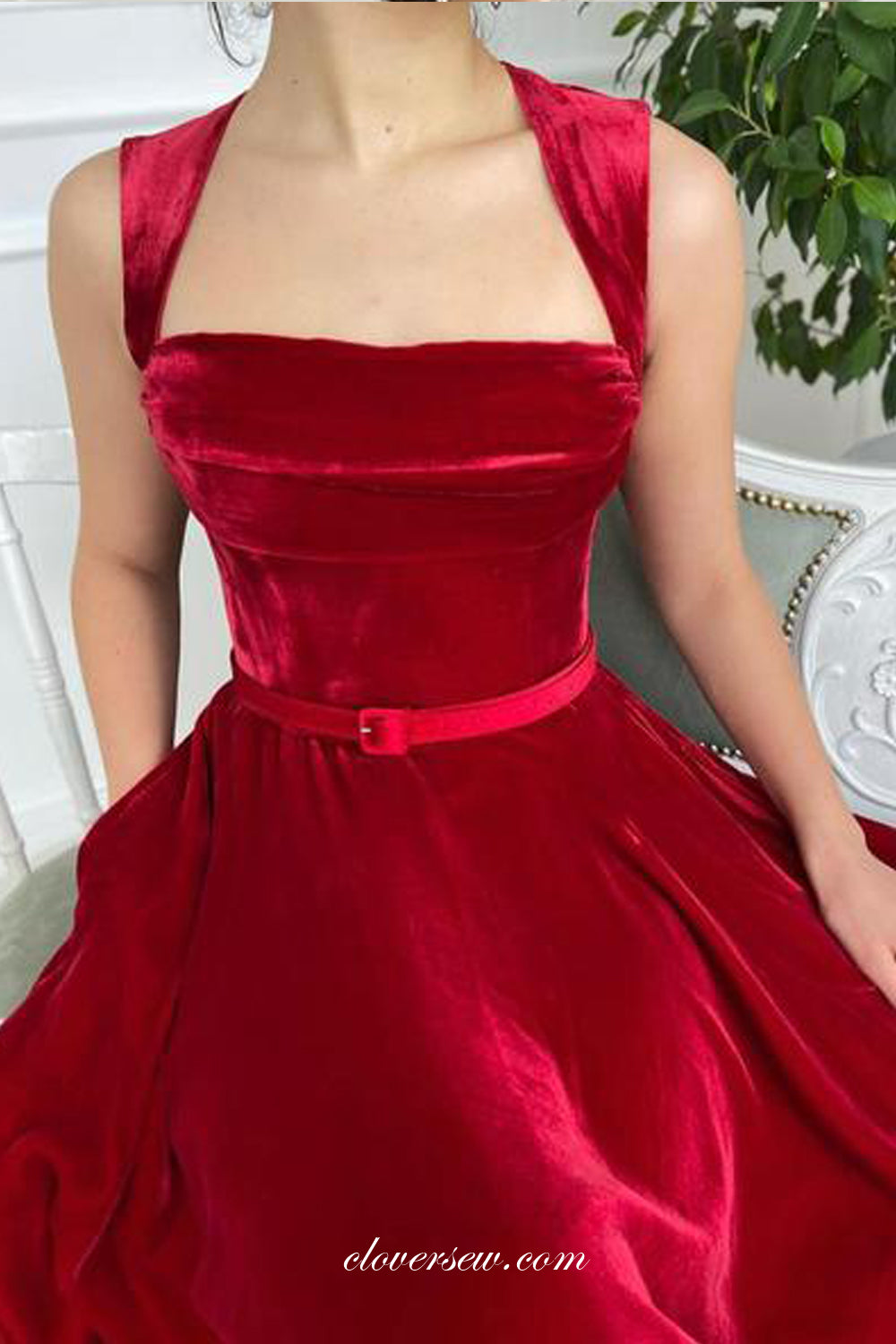 Burgundy Velvet Open Back Elegant Ankle Length Prom Dresses, CP0746