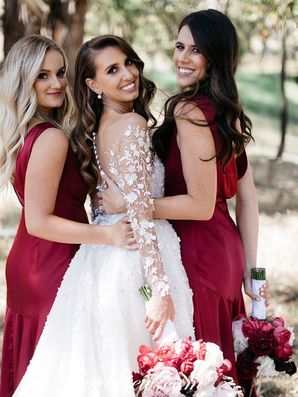 Burgundy Jersey Sleeveless Round Neck Long Bridesmaid Dresses, CB0014
