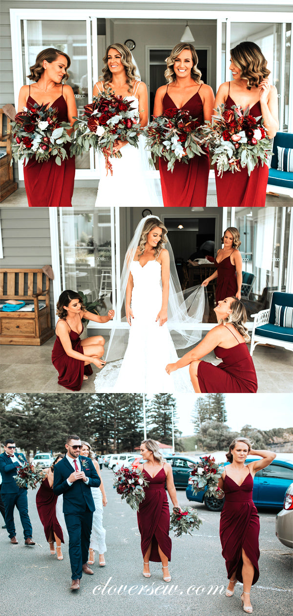 Burgundy Spaghetti Strap V-neck Sheath Long Bridesmaid Dresses, CB0041