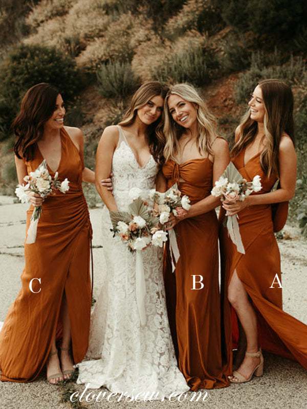 Burnt Orange Chiffon Mismatched Sheath Side Slit Bridesmaid Dresses, C clover sew Burnt Orange Chiffon Mismatched Sheath Side Slit Bridesmaid Dresses, C clover sew