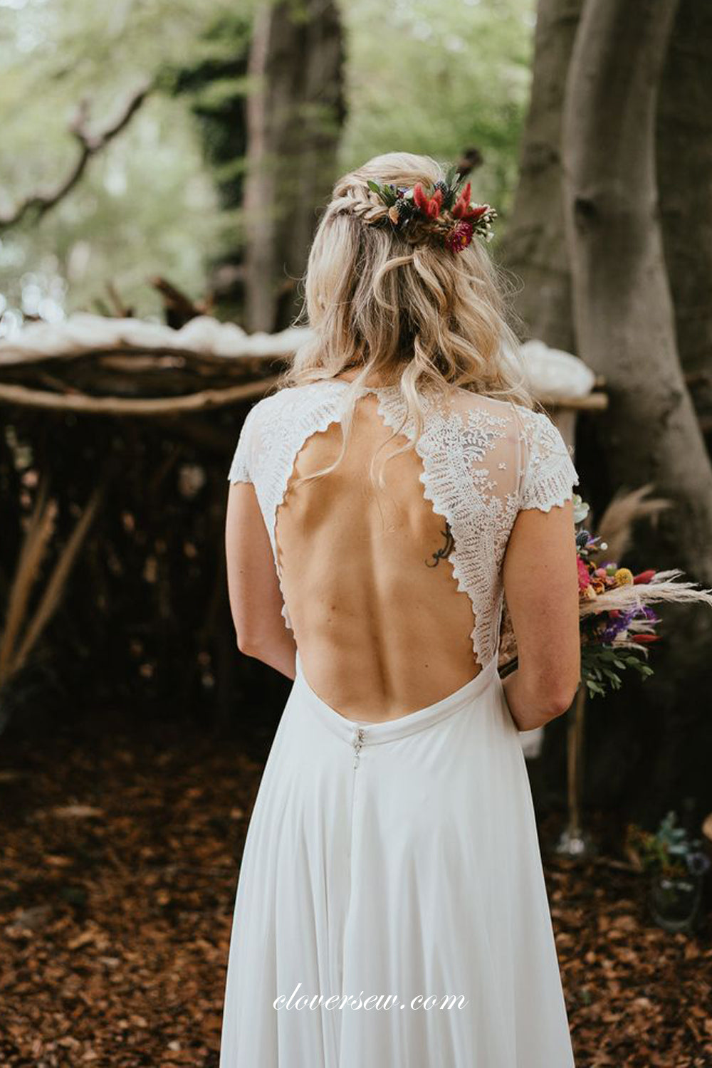 Cap Sleeves Lace Chiffon Open Back Country Wedding Dresses, CW0298