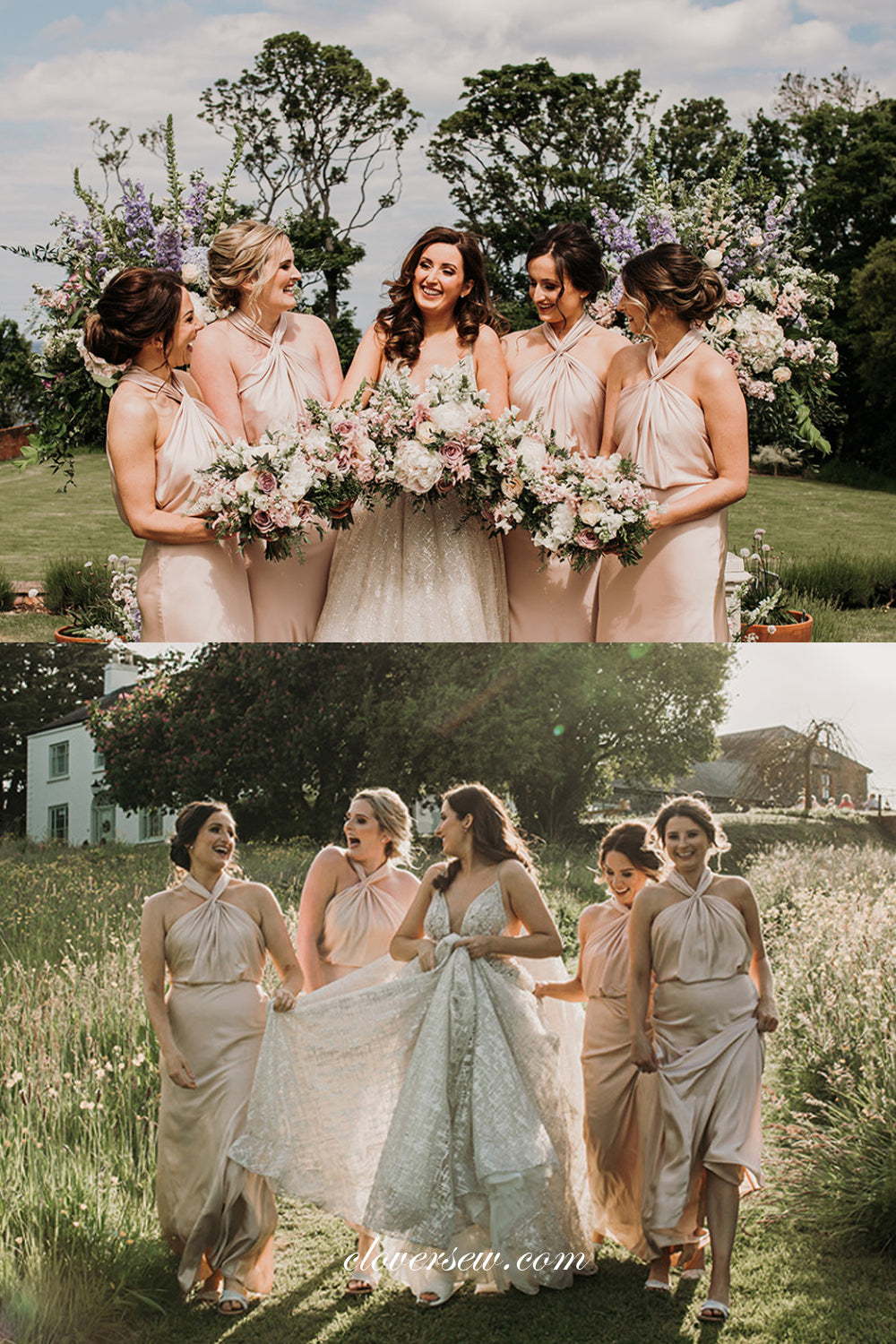Champagne Halter Open Back Elegant Column Long Bridesmaid Dresses, CB0286