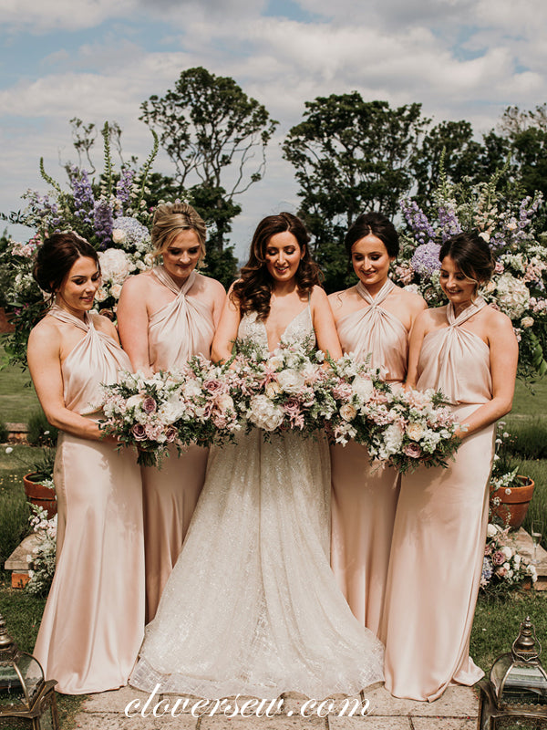 Champagne Halter Open Back Elegant Column Long Bridesmaid Dresses, CB0 clover sew Champagne Halter Open Back Elegant Column Long Bridesmaid Dresses, CB0 clover sew