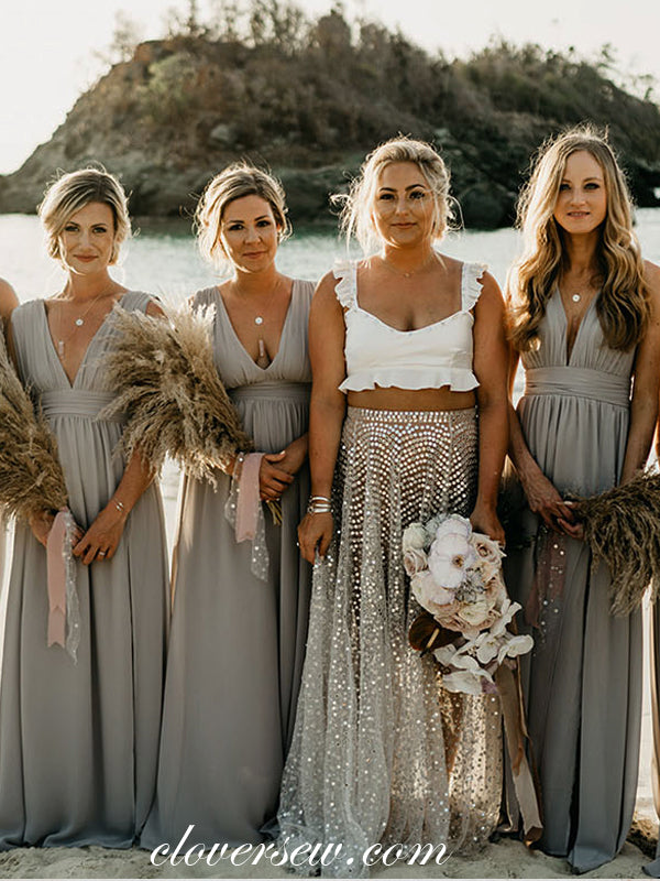 Ligh Grey High Waist V-neck A-line Long Bridesmaid Dresses, CB0285