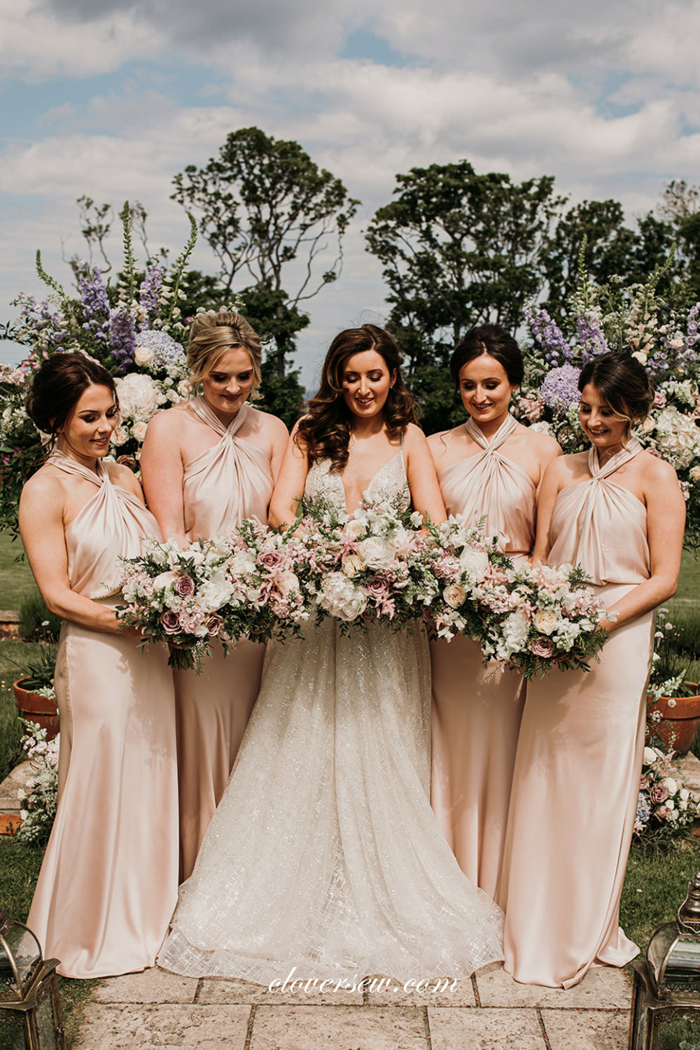 Champagne Halter Open Back Elegant Column Long Bridesmaid Dresses, CB0286