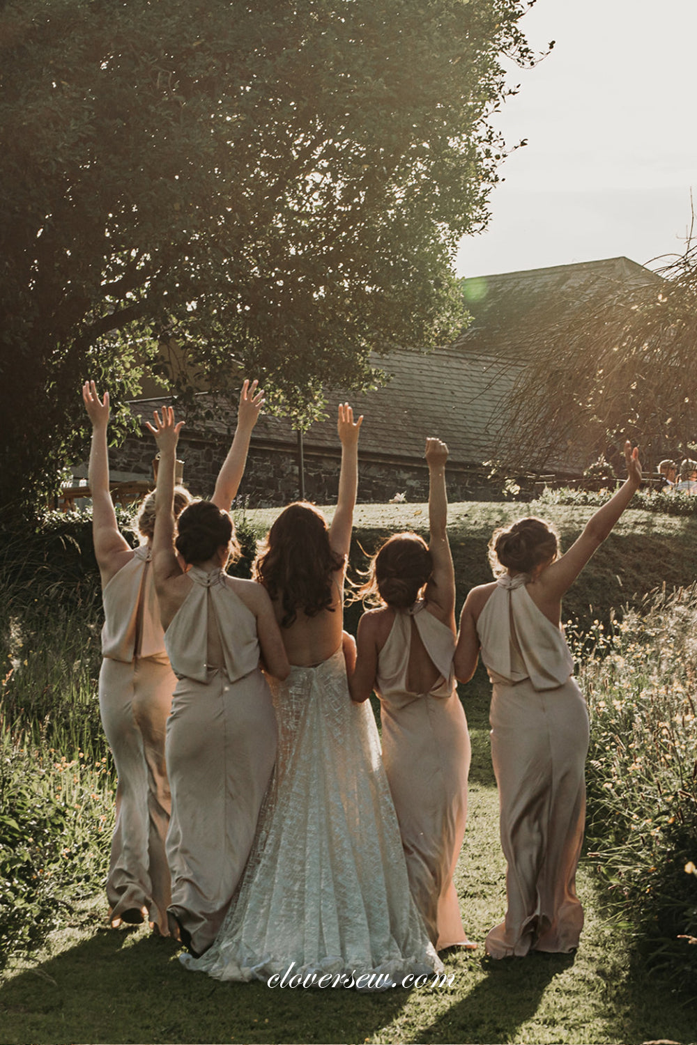 Champagne Halter Open Back Elegant Column Long Bridesmaid Dresses, CB0286