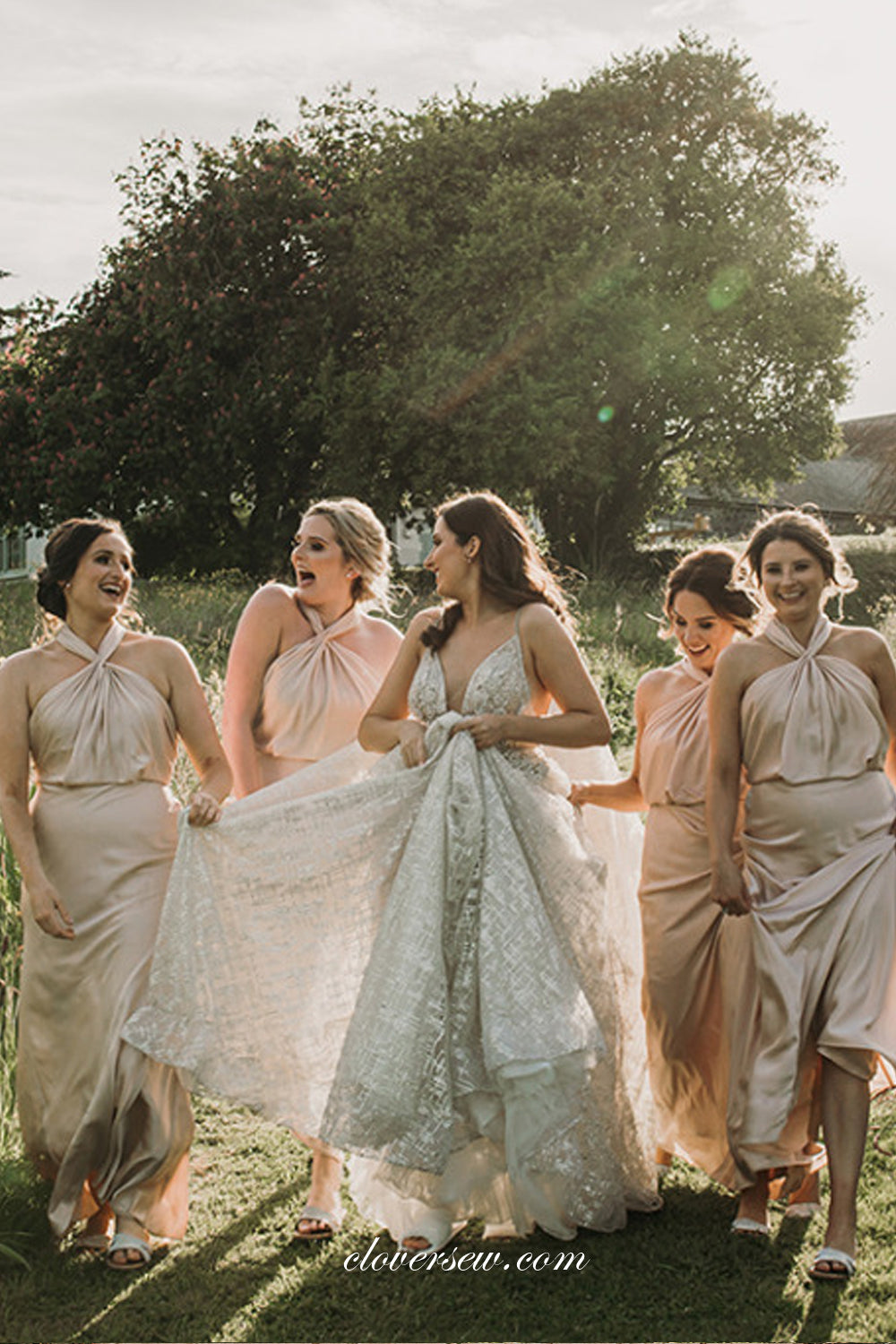 Champagne Halter Open Back Elegant Column Long Bridesmaid Dresses, CB0286