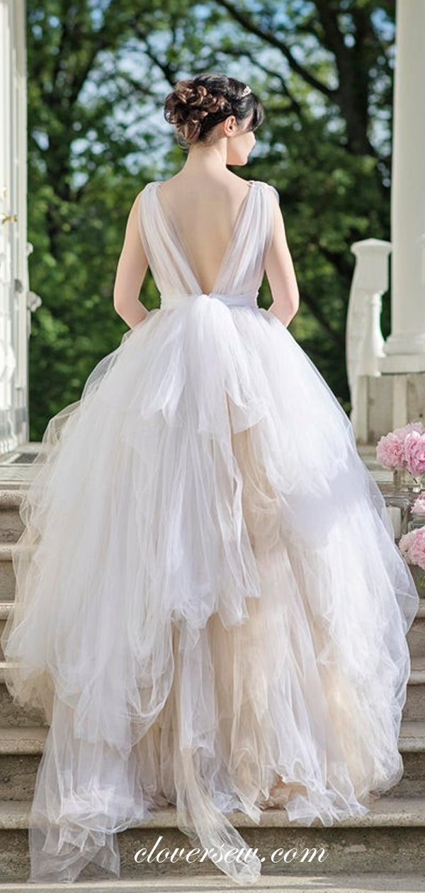 Champagne Tulle V-back Sleeveless Ball Gown Wedding Dresses, CW0224