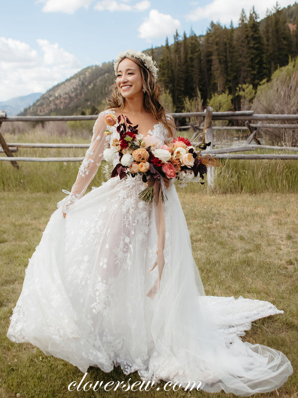 Chamring Lace Long Sleeves V-neck A-line Country Wedding Dresses, CW0308 US2 / Custom Color(leaving a note) Chamring Lace Long Sleeves V-neck A-line Country Wedding Dresses, CW0308 US2 / Custom Color(leaving a note)