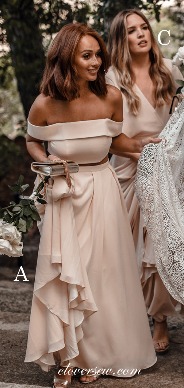 Chiffon Off The Shoulder Two Piece Mismatched Long Bridesmaid Dresses, CB0028
