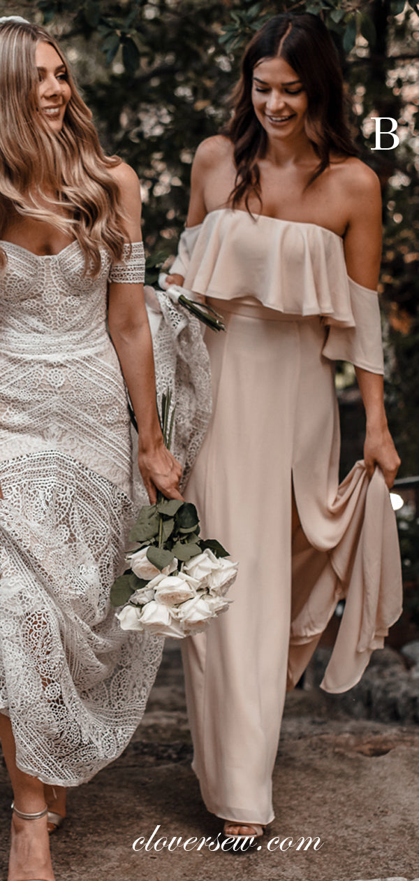 Chiffon Off The Shoulder Two Piece Mismatched Long Bridesmaid Dresses, CB0028