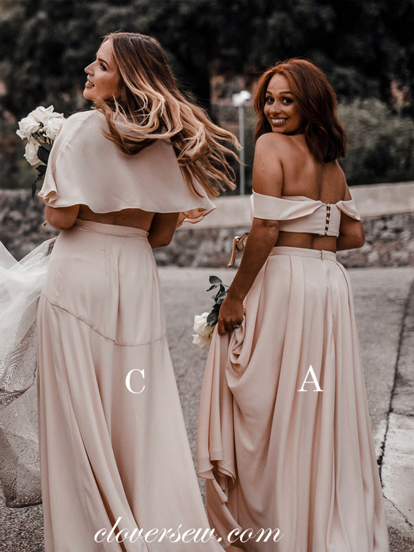 Chiffon Off The Shoulder Two Piece Mismatched Long Bridesmaid Dresses, CB0028