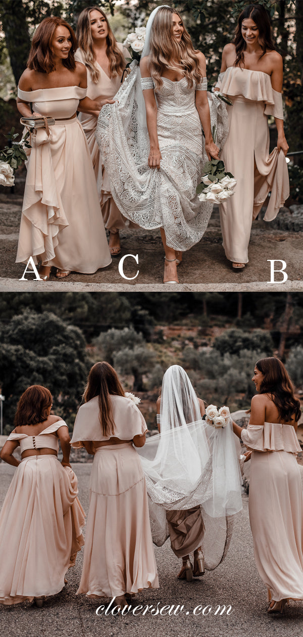 Chiffon Off The Shoulder Two Piece Mismatched Long Bridesmaid Dresses, CB0028