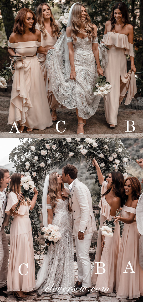 Chiffon Off The Shoulder Two Piece Mismatched Long Bridesmaid Dresses, CB0028