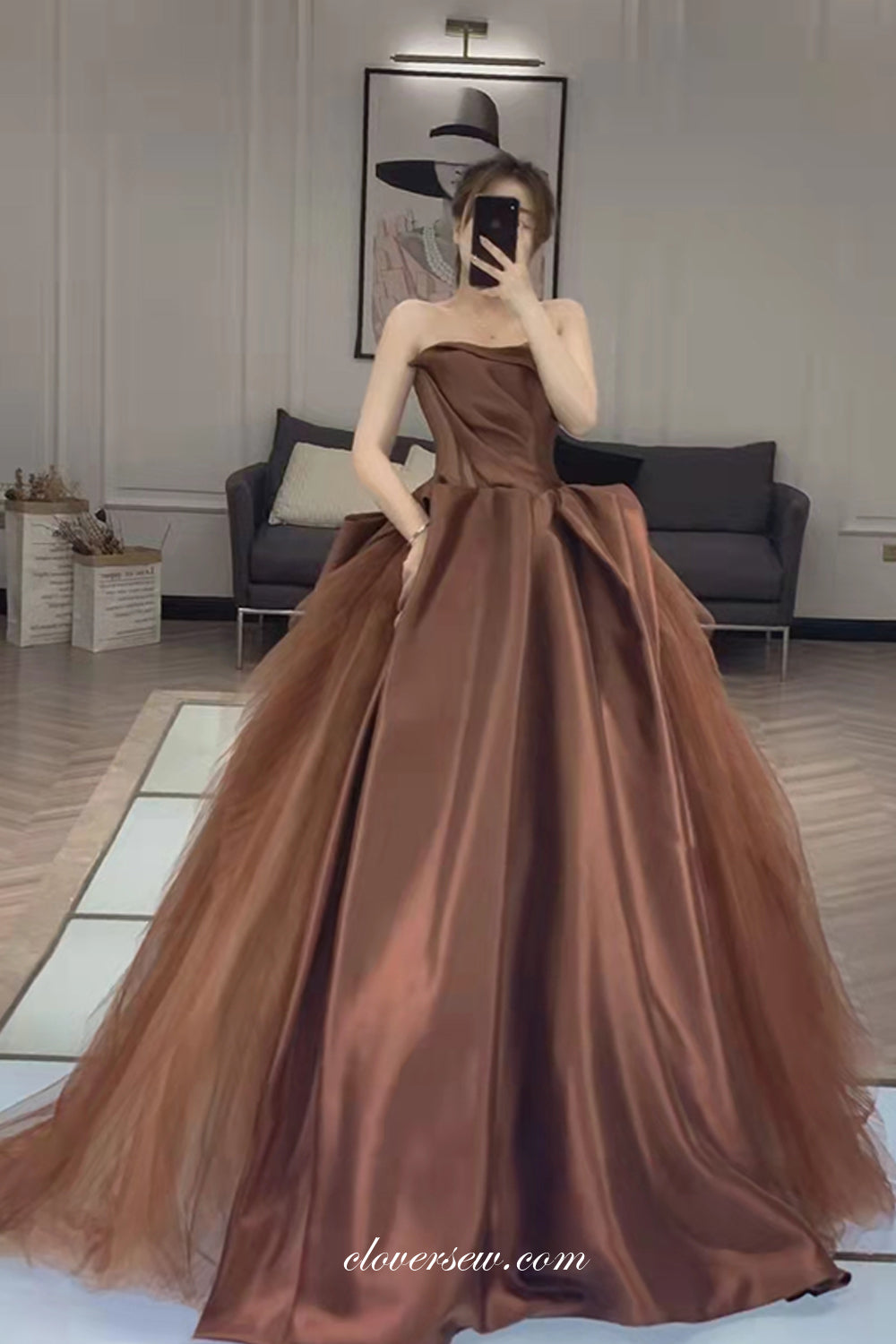 Chocolate Satin Tull Ball Gown Strapless Charming Prom Dresses, CP0794