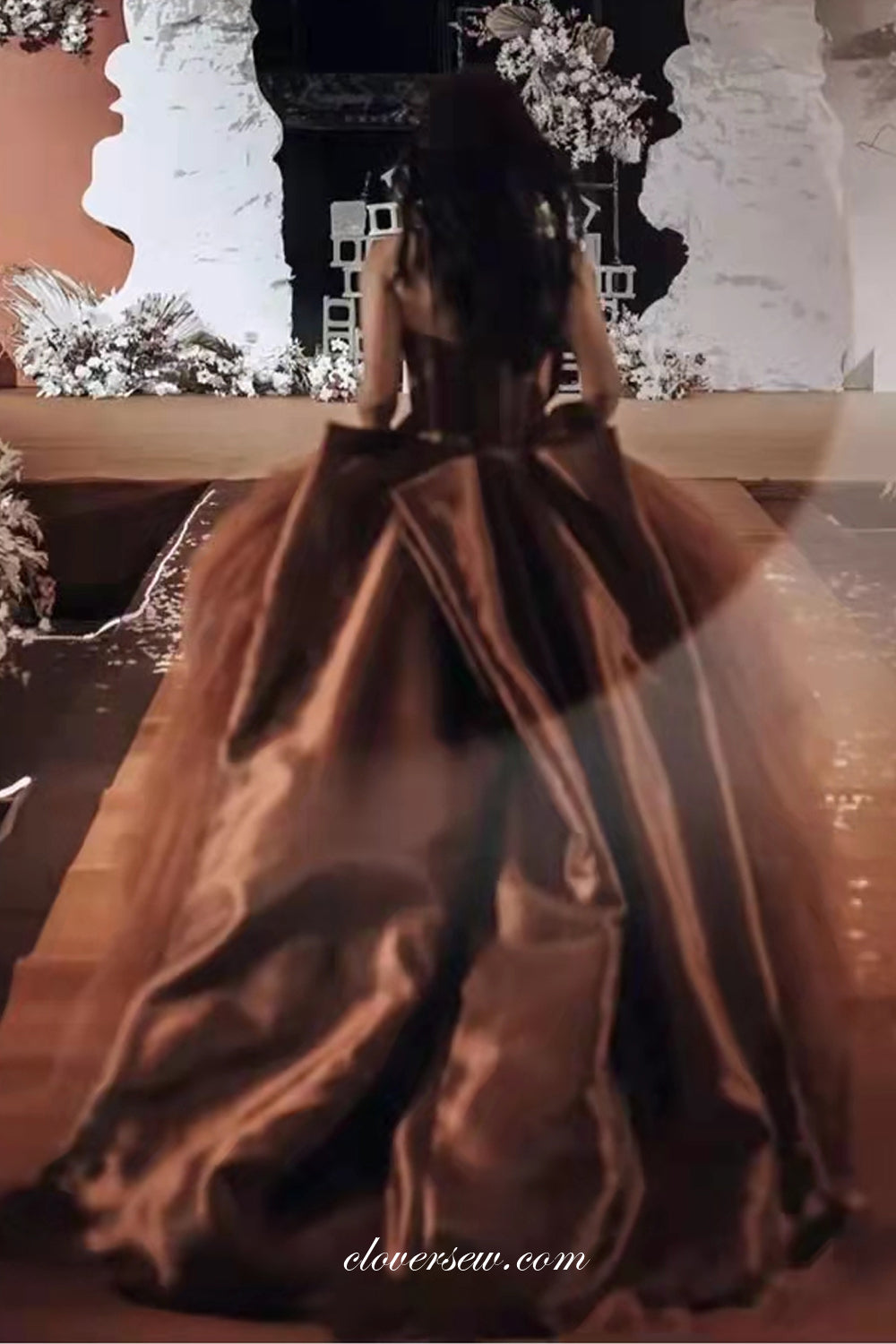 Chocolate Satin Tull Ball Gown Strapless Charming Prom Dresses, CP0794