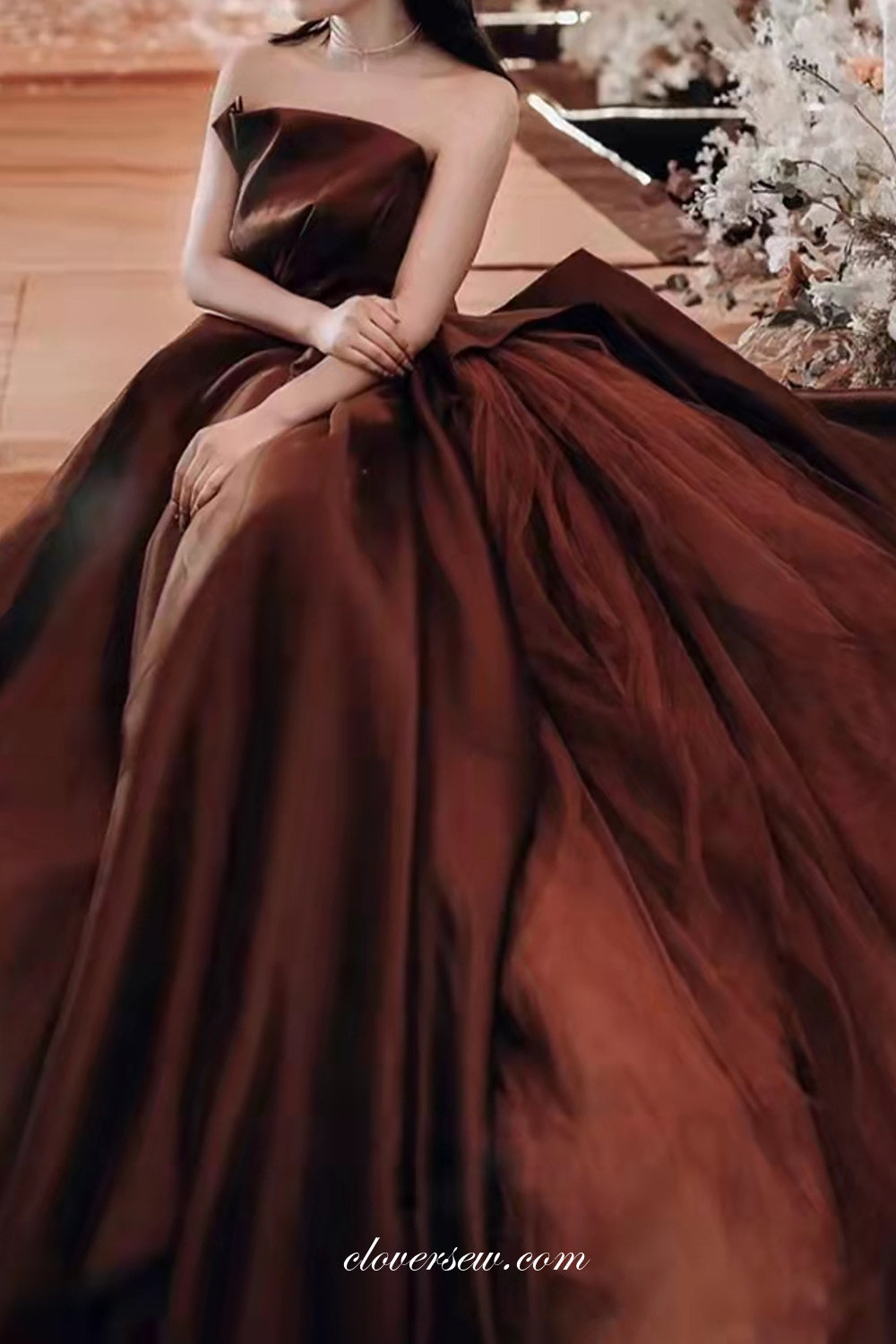 Chocolate Satin Tull Ball Gown Strapless Charming Prom Dresses, CP0794