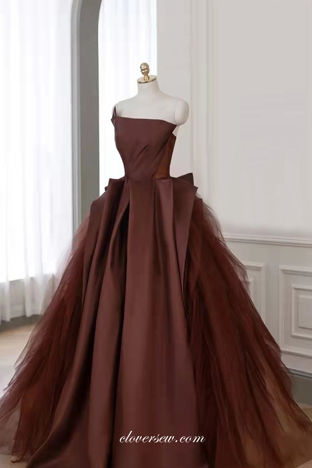 Chocolate Satin Tull Ball Gown Strapless Charming Prom Dresses, CP0794